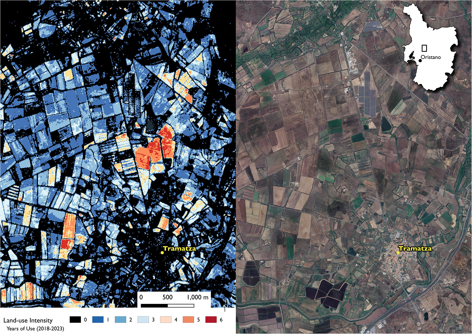 Two images show land-use intensity in Tramatza, Italy, from 2018-2023 and a satellite view of the same area. See long description.