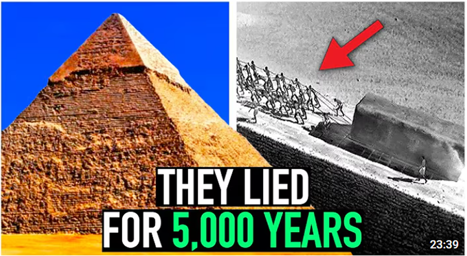 Image of a pyramid and a black-and-white scene with people pulling a large object.