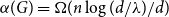 alpha left parenthesis upper G right parenthesis equals normal upper Omega left parenthesis n log left parenthesis d divided by lamda right parenthesis divided by d right parenthesis