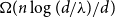 normal upper Omega left parenthesis n log left parenthesis d divided by lamda right parenthesis divided by d right parenthesis