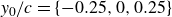 y 0 divided by c equals StartSet negative 0.25 comma 0 comma 0.25 EndSet