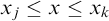 x Subscript j Baseline less than or equals x less than or equals x Subscript k