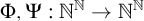 normal upper Phi comma normal upper Psi colon double struck upper N Superscript double struck upper N Baseline right arrow double struck upper N Superscript double struck upper N
