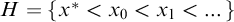 upper H equals left brace x Superscript asterisk Baseline less than x 0 less than x 1 less than ellipsis right brace