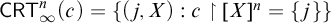 sans serif upper C upper R upper T Subscript infinity Superscript n Baseline left parenthesis c right parenthesis equals StartSet left parenthesis j comma upper X right parenthesis colon c up harpoon with barb right left bracket upper X right bracket Superscript n Baseline equals StartSet j EndSet EndSet