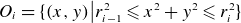 upper O Subscript i Baseline equals StartSet left parenthesis x comma y right parenthesis vertical bar r Subscript i minus 1 Superscript 2 Baseline less than or slanted equals x squared plus y squared less than or slanted equals r Subscript i Superscript 2 Baseline EndSet