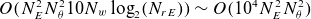 upper O left parenthesis upper N Subscript upper E Superscript 2 Baseline upper N Subscript theta Superscript 2 Baseline 10 upper N Subscript w Baseline log Subscript 2 Baseline left parenthesis upper N Subscript r upper E Baseline right parenthesis right parenthesis tilde upper O left parenthesis 10 Superscript 4 Baseline upper N Subscript upper E Superscript 2 Baseline upper N Subscript theta Superscript 2 Baseline right parenthesis
