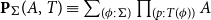 bold upper P Subscript normal upper Sigma Baseline left parenthesis upper A comma upper T right parenthesis identical to sigma summation Underscript left parenthesis phi colon normal upper Sigma right parenthesis Endscripts product Underscript left parenthesis p colon upper T left parenthesis phi right parenthesis right parenthesis Endscripts upper A