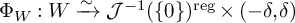 normal upper Phi Subscript upper W Baseline colon upper W ModifyingAbove right arrow With tilde script upper J Superscript negative 1 Baseline left parenthesis StartSet 0 EndSet right parenthesis Superscript reg Baseline times left parenthesis negative delta comma delta right parenthesis