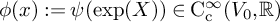 phi left parenthesis x right parenthesis colon equals psi left parenthesis exp left parenthesis upper X right parenthesis right parenthesis element of normal upper C Subscript normal c Superscript infinity Baseline left parenthesis upper V 0 comma double struck upper R right parenthesis