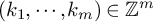left parenthesis k 1 comma midline horizontal ellipsis comma k Subscript m Baseline right parenthesis element of double struck upper Z Superscript m