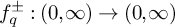 f Subscript q Superscript plus or minus Baseline colon left parenthesis 0 comma infinity right parenthesis right arrow left parenthesis 0 comma infinity right parenthesis