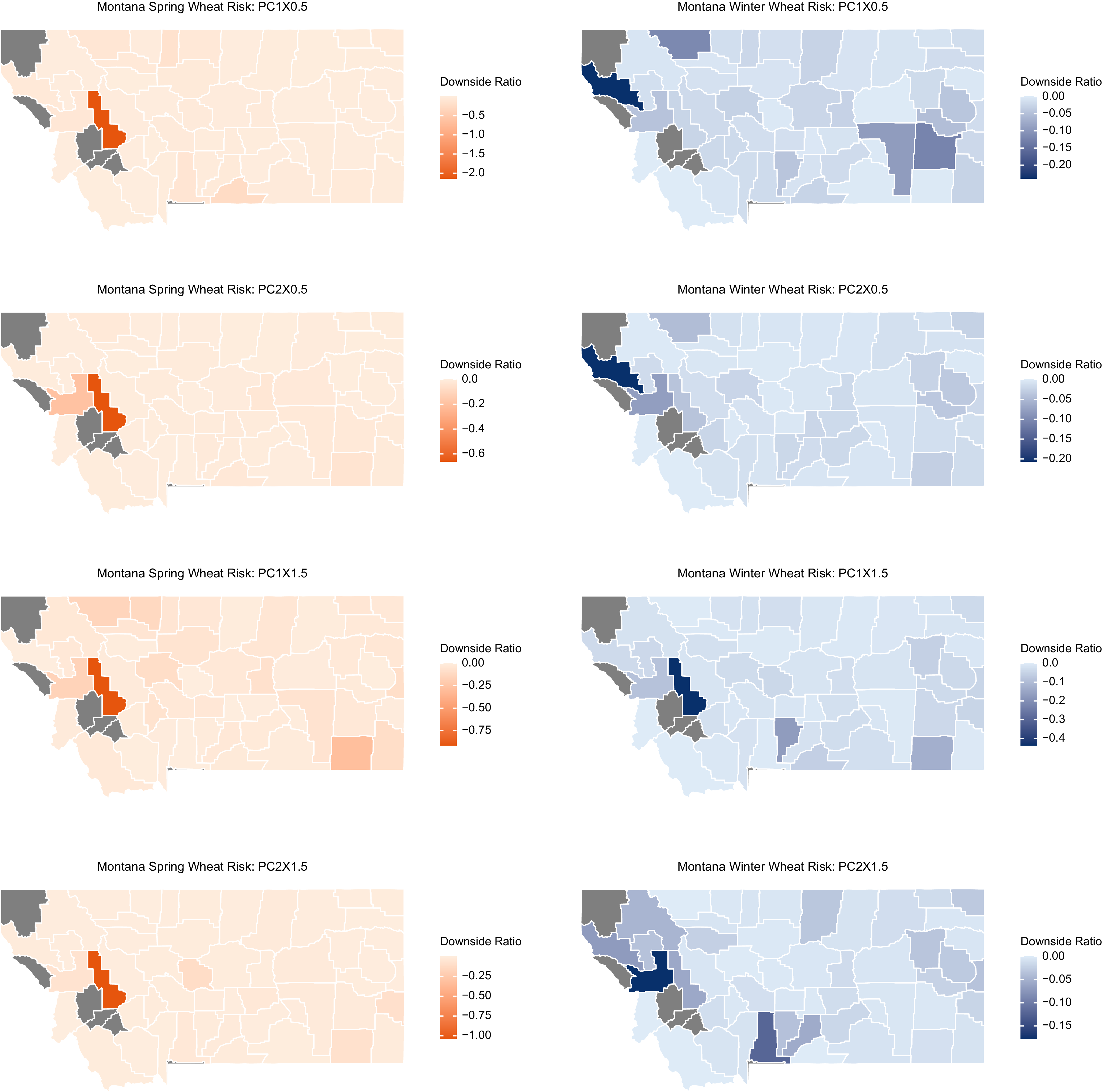 Eight maps show Montana county spring and winter wheat risk with varying downside ratios.
