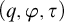 left parenthesis q comma phi comma tau right parenthesis