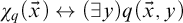 chi Subscript q Baseline left parenthesis ModifyingAbove x With right arrow right parenthesis left right arrow left parenthesis there exists y right parenthesis q left parenthesis ModifyingAbove x With right arrow comma y right parenthesis