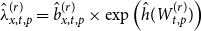 ModifyingAbove lamda With caret Subscript x comma t comma p Superscript left parenthesis r right parenthesis Baseline equals ModifyingAbove b With caret Subscript x comma t comma p Superscript left parenthesis r right parenthesis Baseline times exp left parenthesis ModifyingAbove h With caret left parenthesis upper W Subscript t comma p Superscript left parenthesis r right parenthesis Baseline right parenthesis right parenthesis