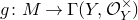 g colon upper M right arrow normal upper Gamma left parenthesis upper Y comma script upper O Subscript upper Y Superscript times Baseline right parenthesis