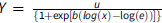 Y equals u divided by one plus exp of b times log x minus log e.