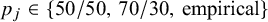 p Subscript j Baseline element of StartSet 50 divided by 50 comma 70 divided by 30 comma empirical EndSet