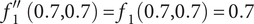 f double prime Subscript 1 Baseline left parenthesis 0.7 comma 0.7 right parenthesis equals f 1 left parenthesis 0.7 comma 0.7 right parenthesis equals 0.7