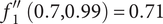 f double prime Subscript 1 Baseline left parenthesis 0.7 comma 0.99 right parenthesis equals 0.71
