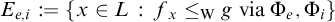 upper E Subscript e comma i Baseline colon equals left brace x element of upper L colon f Subscript x Baseline less than or equals Subscript normal upper W Baseline g via normal upper Phi Subscript e Baseline comma normal upper Phi Subscript i Baseline right brace