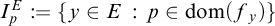 upper I Subscript p Superscript upper E Baseline colon equals StartSet y element of upper E colon p element of dom left parenthesis f Subscript y Baseline right parenthesis EndSet