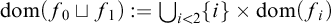 dom left parenthesis f 0 square cup f 1 right parenthesis colon equals union Underscript i less than 2 Endscripts StartSet i EndSet times dom left parenthesis f Subscript i Baseline right parenthesis