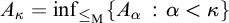 upper A Subscript kappa Baseline equals inf Underscript less than or equals Subscript normal upper M Baseline Endscripts left brace upper A Subscript alpha Baseline colon alpha less than kappa right brace