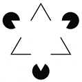 Kanizsa triangle: Three wedge-cut black circles and three corner angles create the illusion of a white triangle with no drawn outline.