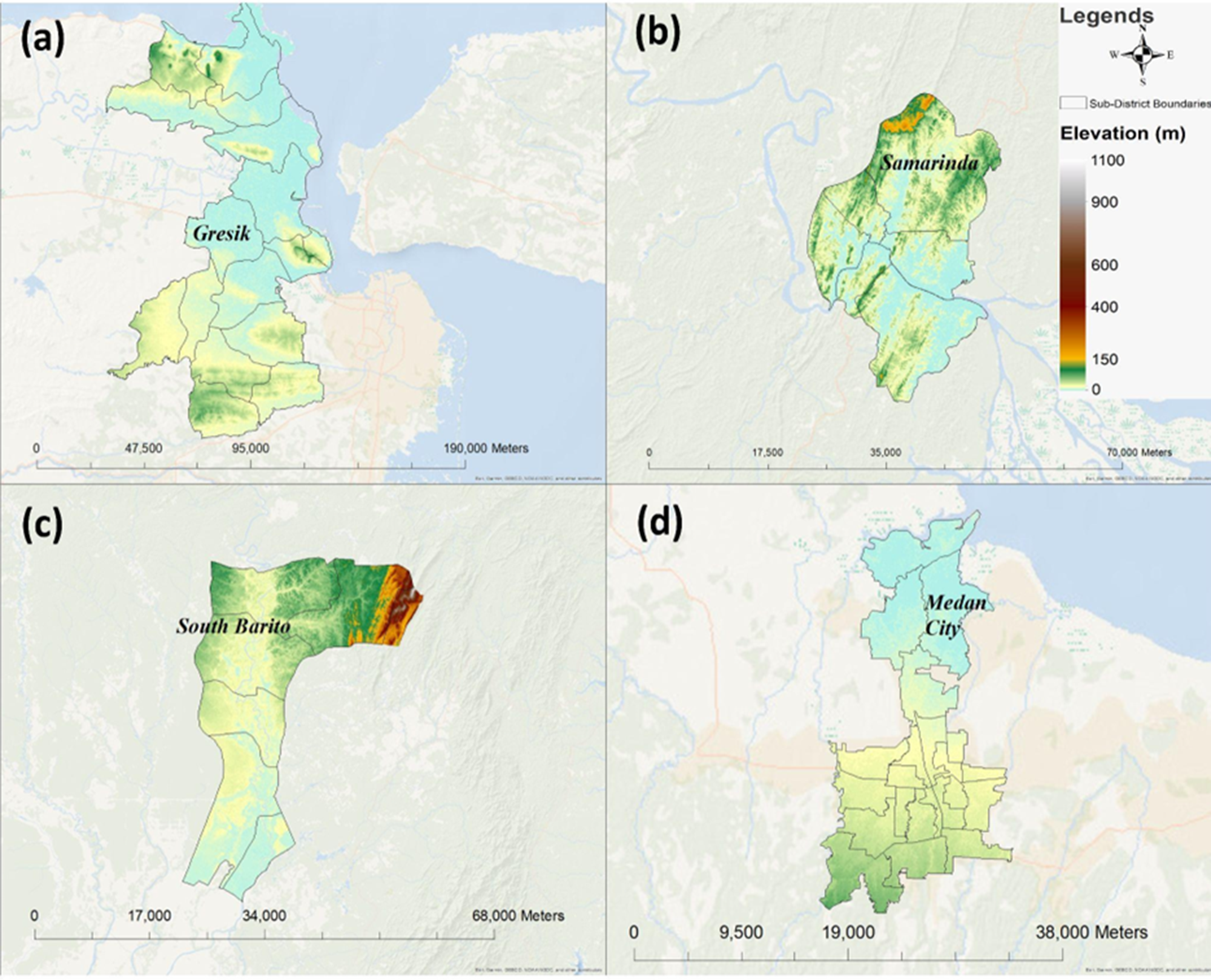 Four maps showing elevation data for Gresik, Samarinda, South Barito and Medan City. See long description.
