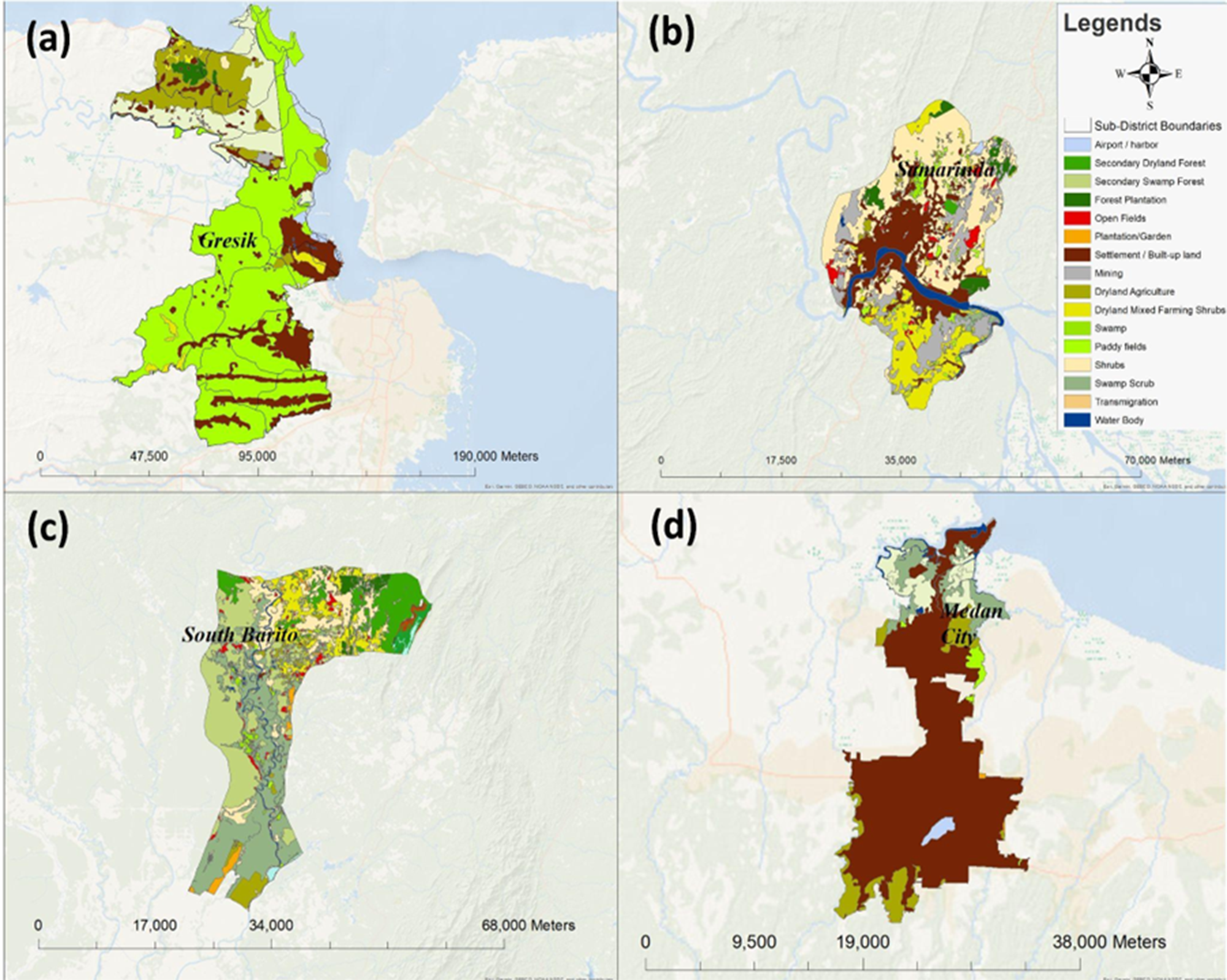 Four maps showing land use in Gresik, Samarinda, South Barito and Medan with various categories like forest, agriculture and urban areas. See long description.