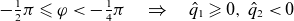 minus one half pi less than or slanted equals phi less than minus one fourth pi right double arrow ModifyingAbove q With caret Subscript 1 Baseline greater than or slanted equals 0 comma ModifyingAbove q With caret Subscript 2 Baseline less than 0