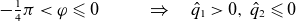 minus one fourth pi less than phi less than or slanted equals 0 right double arrow ModifyingAbove q With caret Subscript 1 Baseline greater than 0 comma ModifyingAbove q With caret Subscript 2 Baseline less than or slanted equals 0