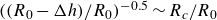left parenthesis left parenthesis upper R 0 minus upper Delta h right parenthesis divided by upper R 0 right parenthesis Superscript negative 0.5 Baseline tilde upper R Subscript c Baseline divided by upper R 0