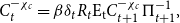 upper C Subscript t Superscript minus chi Super Subscript c Superscript Baseline equals beta delta Subscript t Baseline upper R Subscript t Baseline normal upper E Subscript normal t Baseline upper C Subscript t plus 1 Superscript minus chi Super Subscript c Superscript Baseline normal upper Pi Subscript t plus 1 Superscript negative 1 Baseline comma
