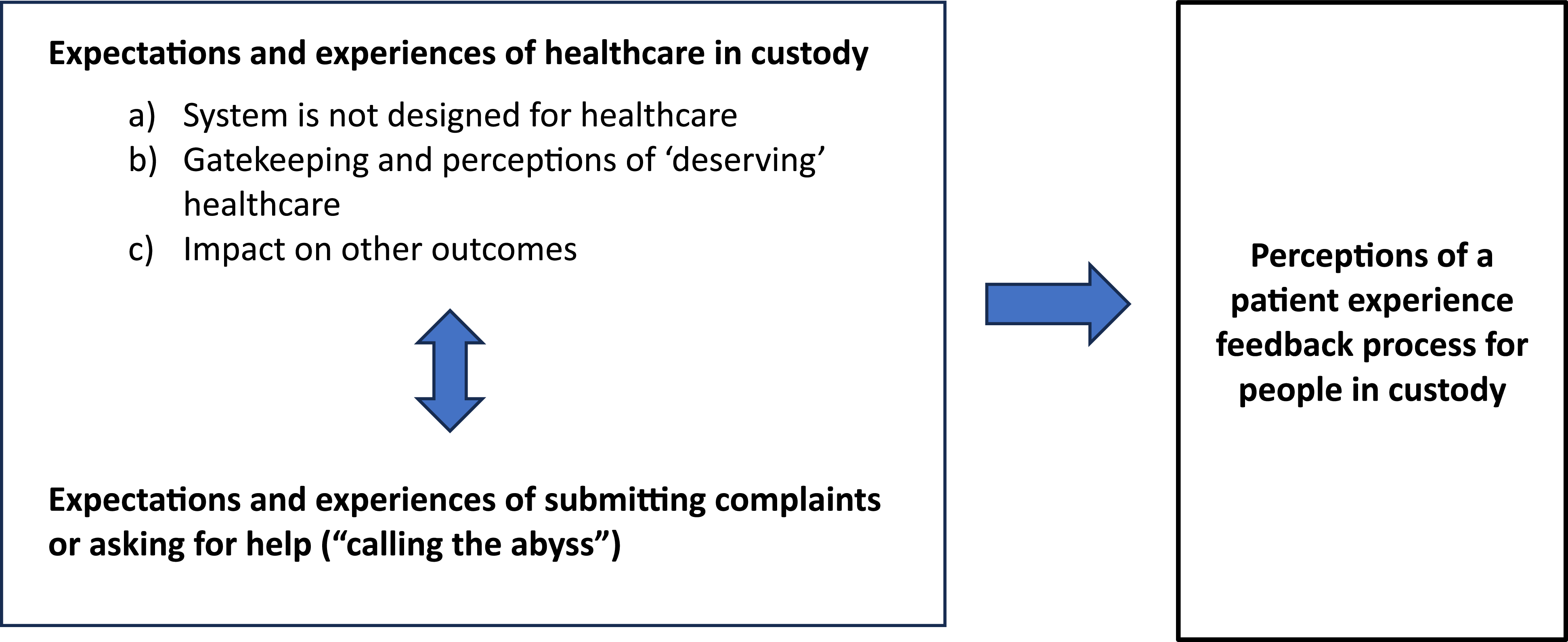 A diagram illustrating the factors affecting perceptions of healthcare and feedback processes for people in custody.