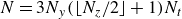 upper N equals 3 upper N Subscript y Baseline left parenthesis left floor upper N Subscript z Baseline divided by 2 right floor plus 1 right parenthesis upper N Subscript t