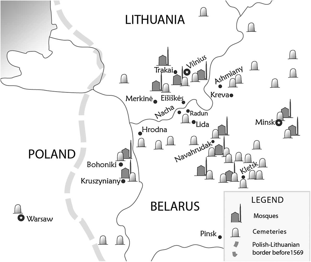 A geographical map showing the distribution of mosques and cemeteries across Lithuania, Belarus, and Poland, highlighting the historical Polish-Lithuanian border before 1569. See long description.