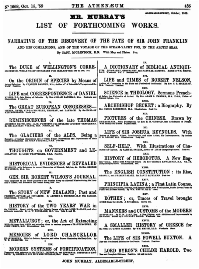 An advertisement page lists new books about to be published by John Murray in November 1859. They include works by Charles Darwin, Samuel Smiles, and Captain McClintock. See long description.