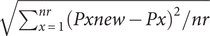 StartRoot sigma summation Underscript x equals 1 Overscript n r Endscripts left parenthesis upper P x n e w minus upper P x right parenthesis squared divided by n r EndRoot