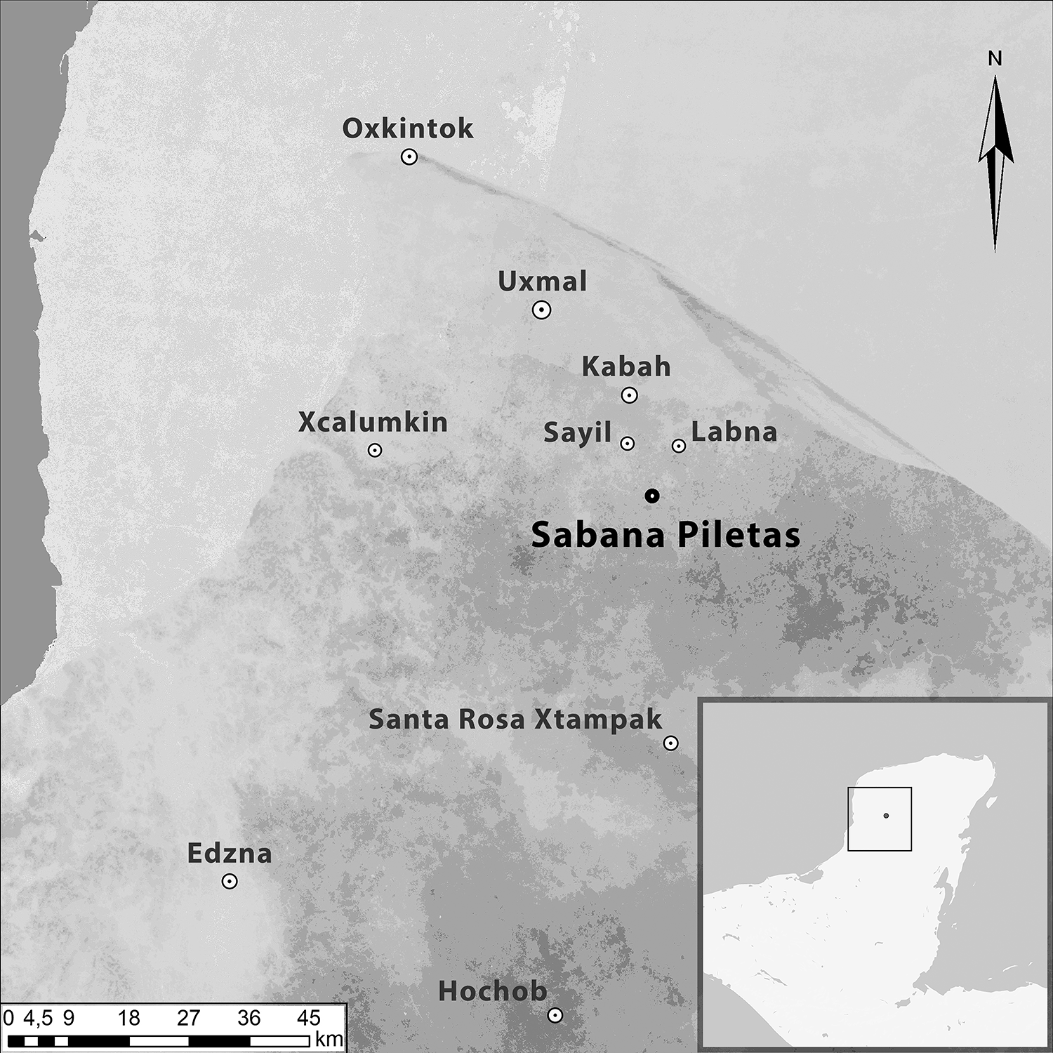 Map showing locations in the Yucatan Peninsula, including Sabana Piletas and nearby sites like Uxmal and Edzna. See long description.