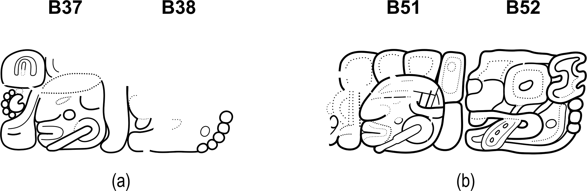 Two drawings of hieroglyphic blocks labeled B37-B38 and B51-B52. See long description.