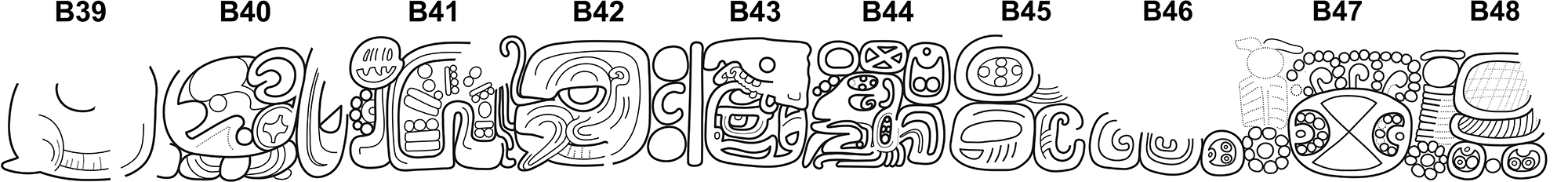 Hieroglyphic stairway with blocks labeled B39 to B48. See long description.