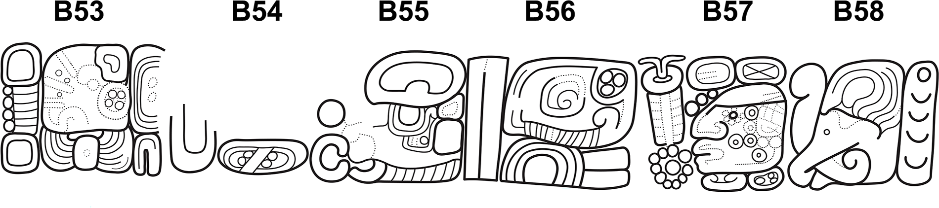 Illustration of hieroglyphic blocks labeled B53 to B58, featuring intricate designs and symbols. See long description.