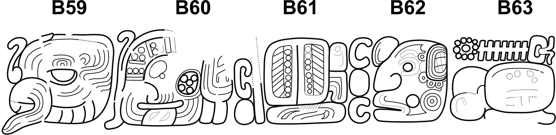 Hieroglyphic blocks B59 to B63 from the Sabana Piletas Stairway, featuring intricate Maya designs and figures. See long description.