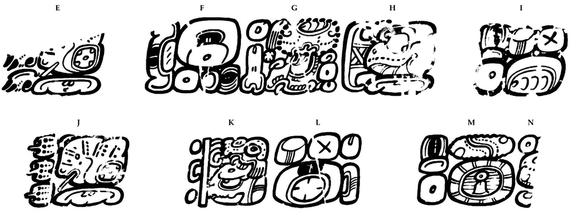 Ten glyphic blocks labeled E to N, each with distinct designs and patterns. See long description.