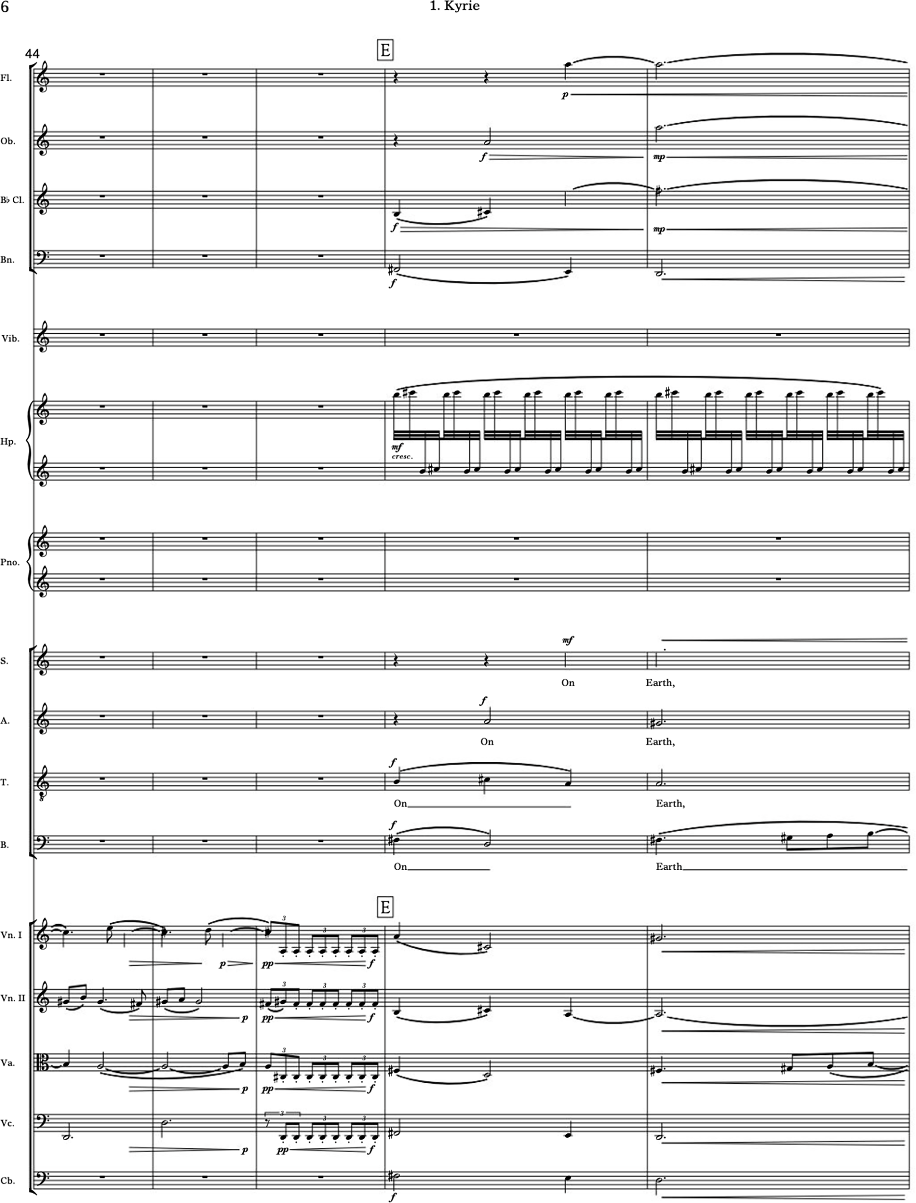 A musical score showing the entrance of vocal parts in a composition.