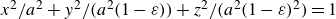 x squared divided by a squared plus y squared slash left parenthesis a squared left parenthesis 1 minus epsilon right parenthesis right parenthesis plus z squared slash left parenthesis a squared left parenthesis 1 minus epsilon right parenthesis squared right parenthesis equals 1