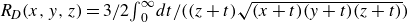 upper R Subscript upper D Baseline left parenthesis x comma y comma z right parenthesis equals 3 divided by 2 integral Subscript 0 Superscript normal infinity Baseline normal d t divided by left parenthesis left parenthesis z plus t right parenthesis StartRoot left parenthesis x plus t right parenthesis left parenthesis y plus t right parenthesis left parenthesis z plus t right parenthesis EndRoot right parenthesis